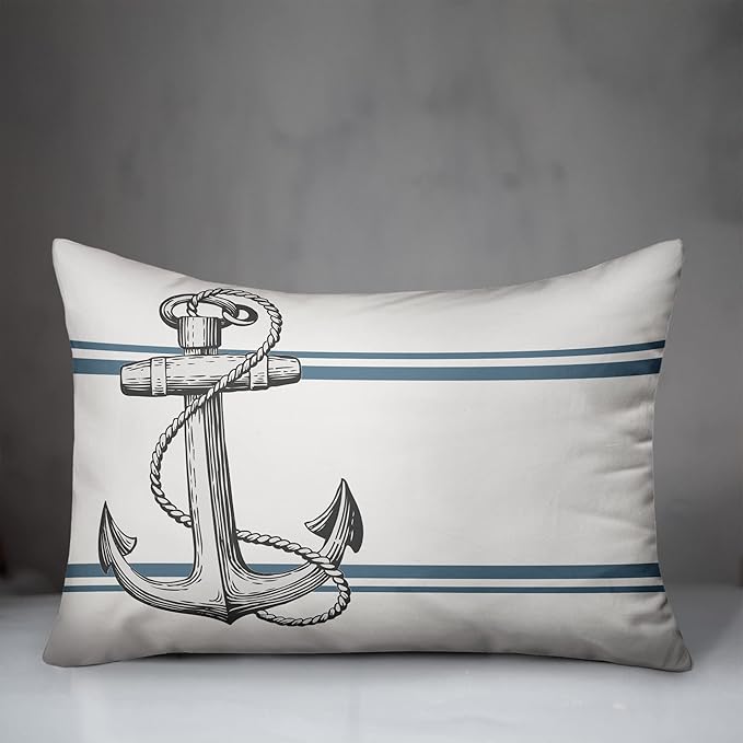 Gray Seaside Anchor Indoor/Outdoor Pillow | Decorative Pillows for Living Room Couch Bed Sofa Patio, Fluffy Soft Cushion | Water Resistant White, 14x20