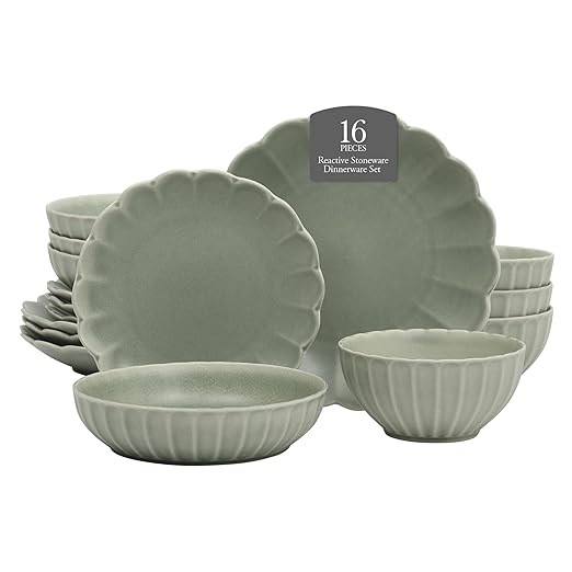 Gibson Elite Malibu Shore 16 Piece Scallop Stoneware Reactive Glaze (Service for 4) Ceramic Plates and Bowls Dinnerware Set - Green
