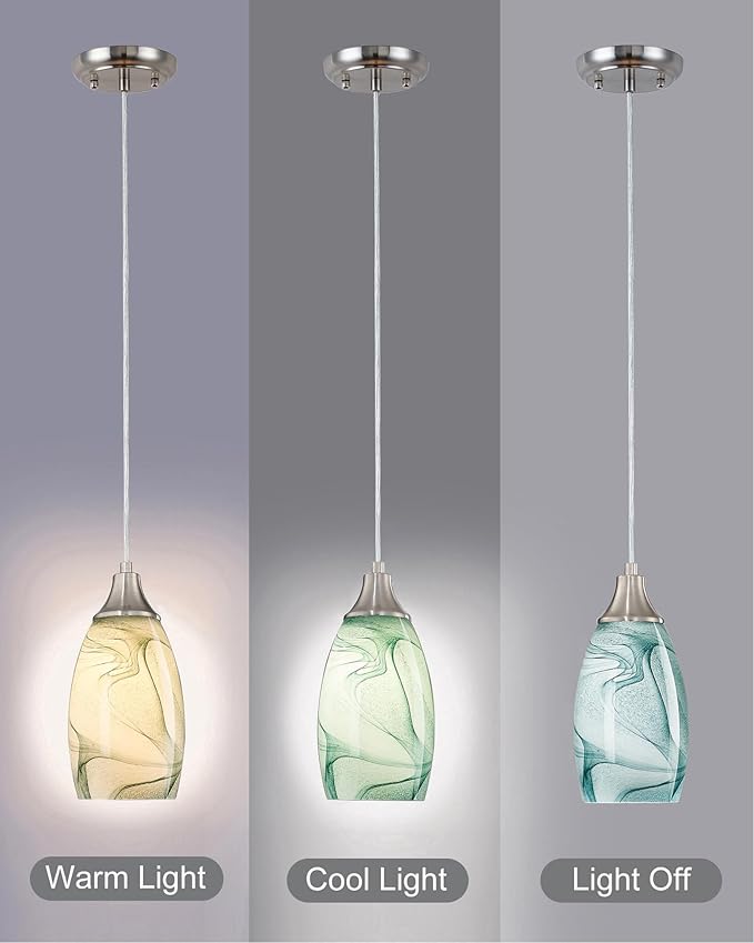 Mini Pendant Lights Kitchen Island Light Brown Glass Lamp Shade Hand Blown Glass Pendant Light with Brush Nickel Finish Adjustable Cord for Kitchen Over Sink (Green Marble-1Packs)