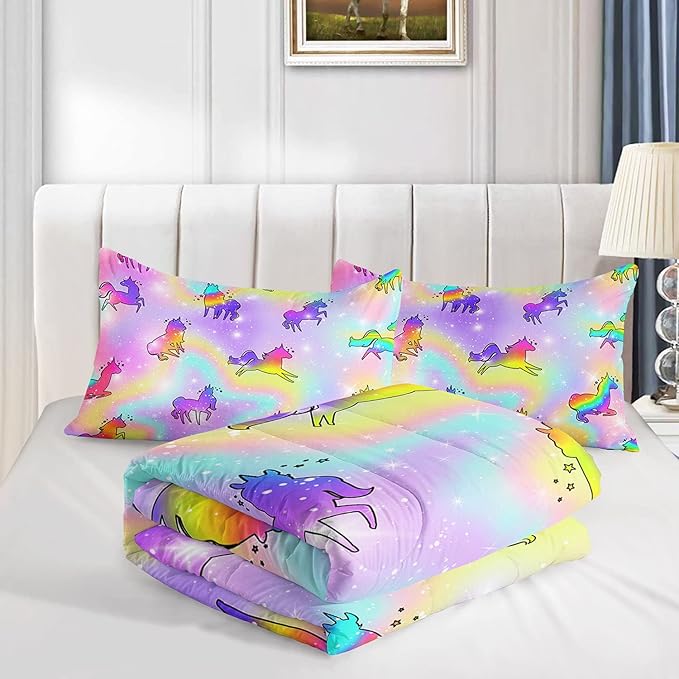 Unicorn Rainbow Comforter Bedding Set for Girls Kids Children Teens,Sky Glitter Star Colorful Bedding Set with 1 Comforter and 2 Pillowcases(Unicorn3 Full)