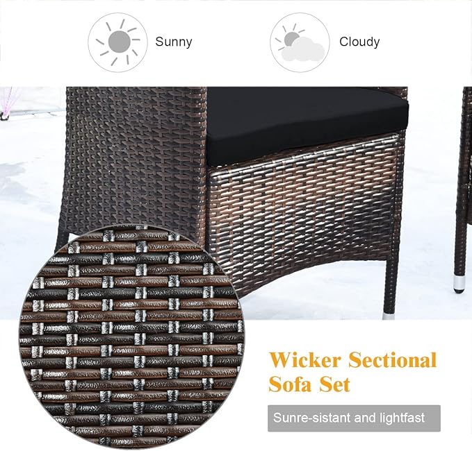 Tangkula 8 PCS Patio Rattan Conversation Set, Outdoor Wicker Furniture Set with Tempered Glass Coffee Table &Thick Cushion, Rattan Chair Wicker Set for Garden, Lawn, Poolside and Backyard (2, Black)