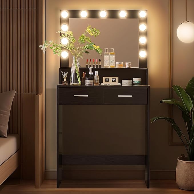 MIRROTOWEL Vanity Desk with Mirror and Lights, Dressing Table with Large Drawer, 2 Level Storage Dresser & 3 Lighting Modes Adjustable Brightness, Suitable for Bedroom