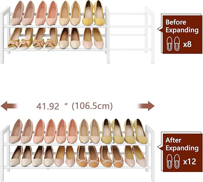 FAVOOSTY 2-Tier Expandable Shoe Rack, Adjustable Shoe Shelf Storage Organizer Space Saving Metal Free Standing Shoe Rack for Entryway Closet Doorway, White