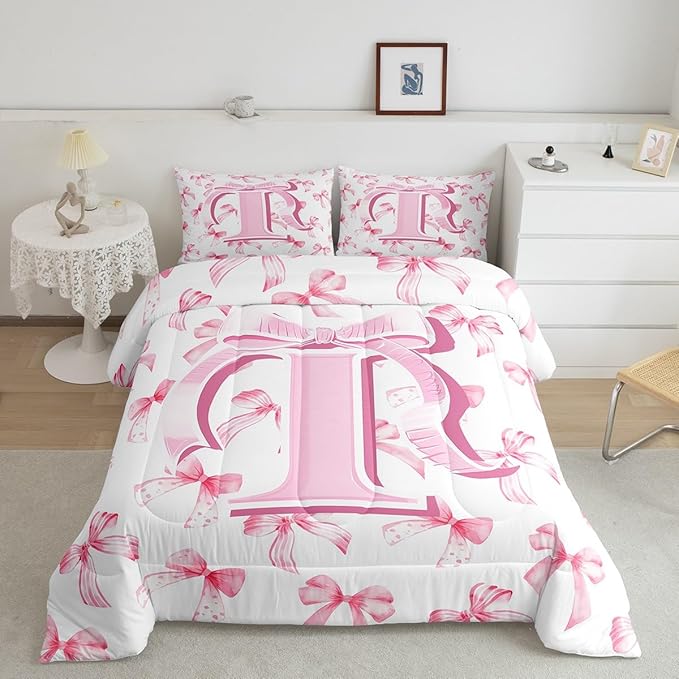 jejeloiu Kids Girls Cute Pink Bow Comforter Set King Size Monogrammed Bedding Set Ultra Soft Personalized Initial I Duvet Quilt Coquette Bow Knot Quilt Set Room Decor Modern Fashion Comforter