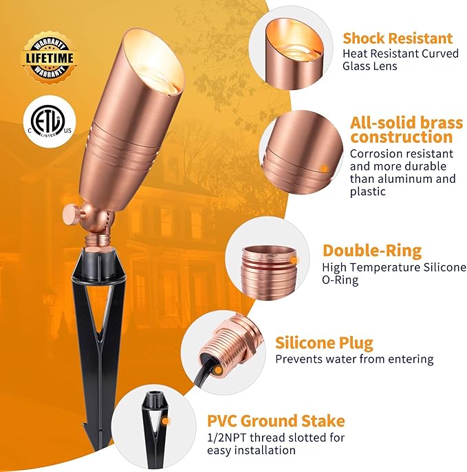 Brass Landscape Lighting - Low Voltage Spotlights Outdoor LED, 12V Wired Uplights, Waterproof Spot Lights, Copper for Outside Trees with 5W 4000K Natural White MR16 Bulb (4 Pack)