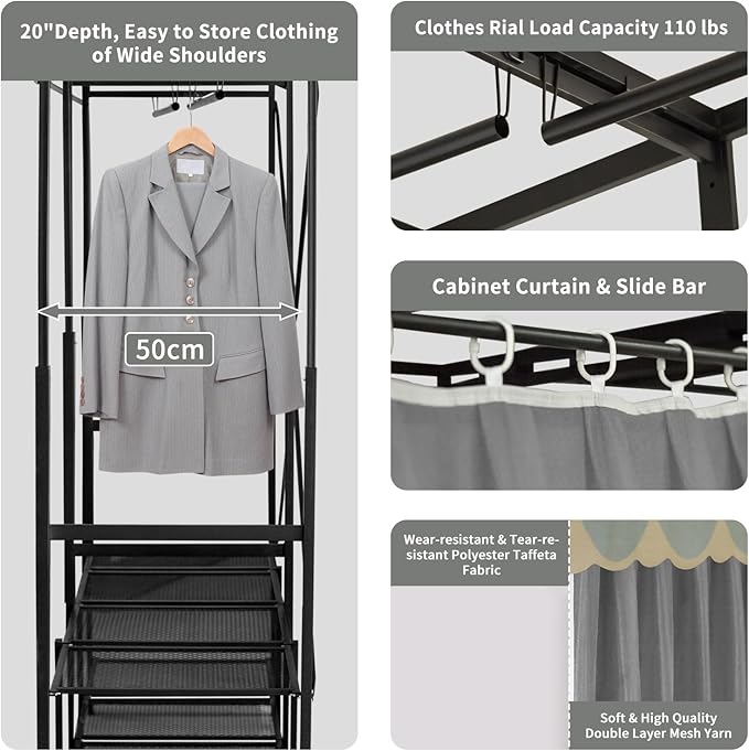 Portable Closet Rack Heavy-Duty Foldable Garment Racks with Cover 1200lbs Enclosed Wardrobe Closet with Independent Area for Hanging Clothes Storaging of Bedding (51in*20in*67in)