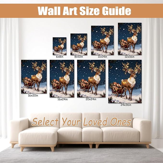 AbcCustomize Vintage Reindeer & Gift Boxes Christmas Wall Art - Snowy Holiday Scene Canvas Print with Festive Lights, Rustic Winter Decor for Room, Perfect Christmas Gifts & Holiday Decorations