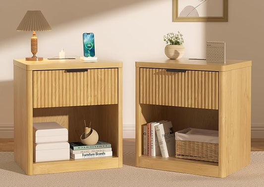 HOMMPA 22'' Fluted Nightstand Set of 2 with Charging Station, Modern Bedside Table w/Storage, Bedside End Table w/Open Compartment, Mid Century Modern Wood Night Stand for Bedroom, Living Room