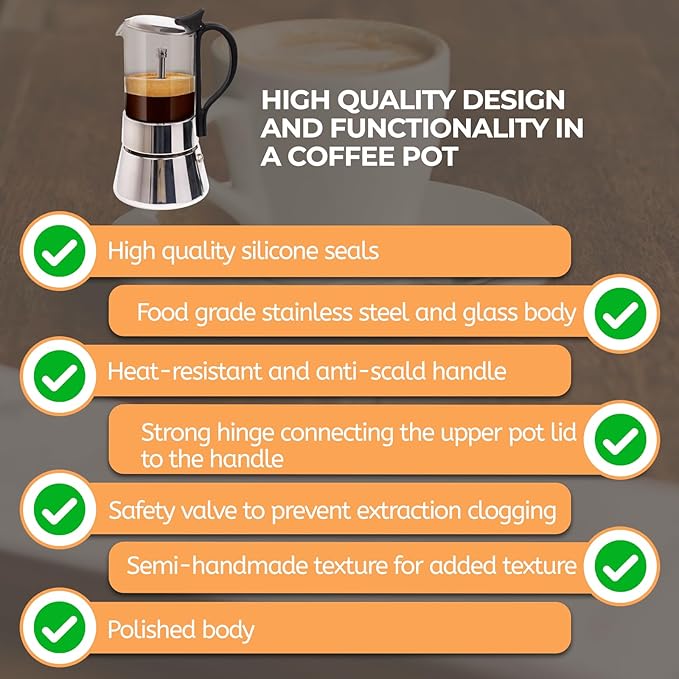 Clear Glass Moka Pot 4 Cup 220ml Stainless Steel Coffee Maker Uncoated Stovetop Espresso Percolator Coffeemaker Italian Classic Style Brewing Greca Cafe Mocha Machine for Cafeteras Camping Travel Home
