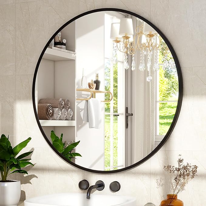 30 Inch Round Mirror - Circle Mirrors for Bathroom, Entryway and Living Room Wall Decor, Modern Hanging Vanity Mirror, Matte Black Circle Decorative Wall Mirror