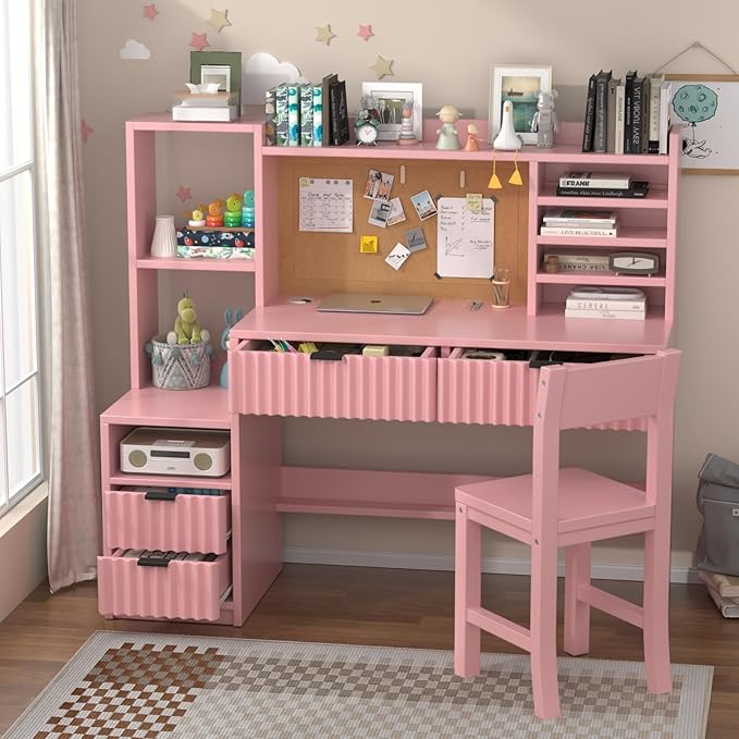 Pink Wooden Kids Fluted Desk and Chair Set,Kids Study Desk with Storage Shelves,Kids Study Table and Chair Set with 4 Fluted Drawers,Girls Study Desk for Kids with Hutch for Bedroom-Q3o2V0