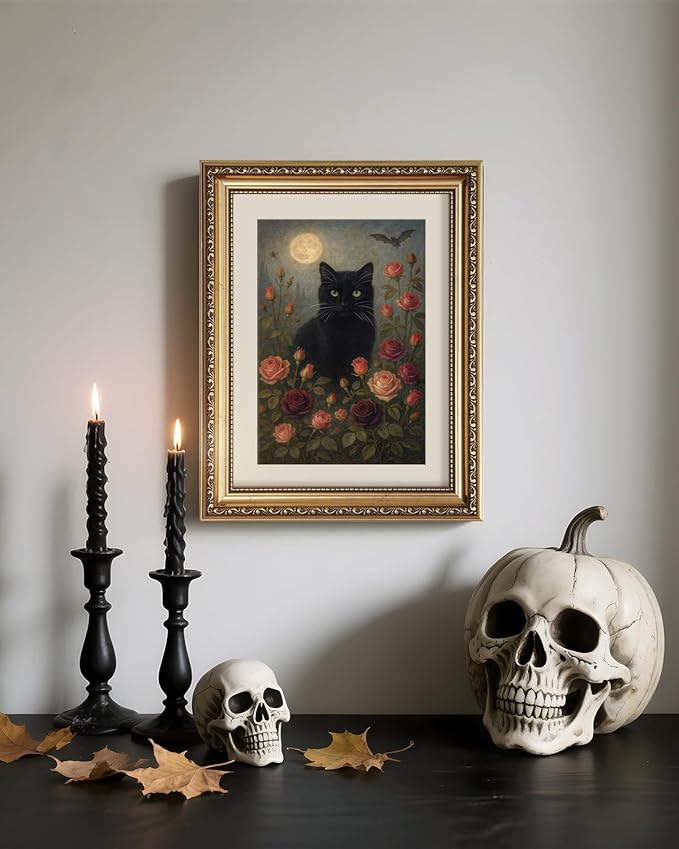 VIYYIEA Vintage Gold Framed Wall Art for Living Room, Black Cat Artwork Prints Decor, Gothic Magicalism Wall Decor, Gallery Picture Painting, for Bedroom Bathroom Kitchen 16L x 13W