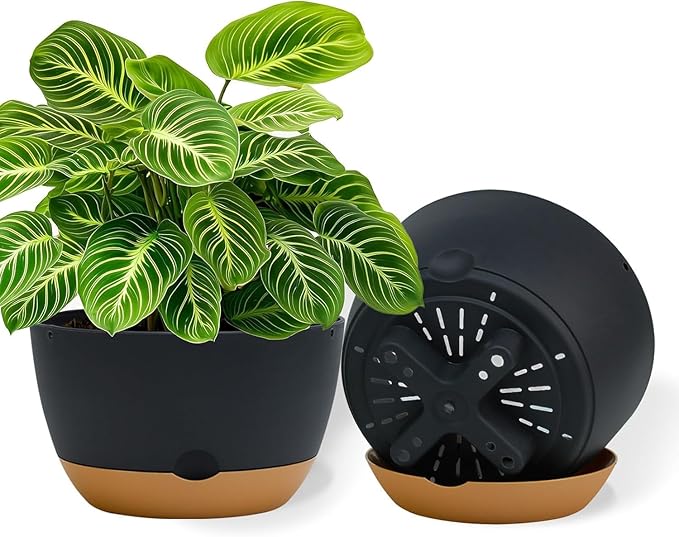 12 Inch Pots for Indoor Plants, Large Self Watering Planters with Drainage and Saucers, Plastic Outdoor Flower Pot, Set of 2, Grey