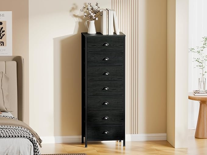 Furnulem Bedroom Dresser, Tall Chests of Drawers with 7 Fabric Bins, Black Organizer in Closet, Dorm, Living Room, Nursery, Hallyway-Storage Tower Unit, Sturdy Steel Frame