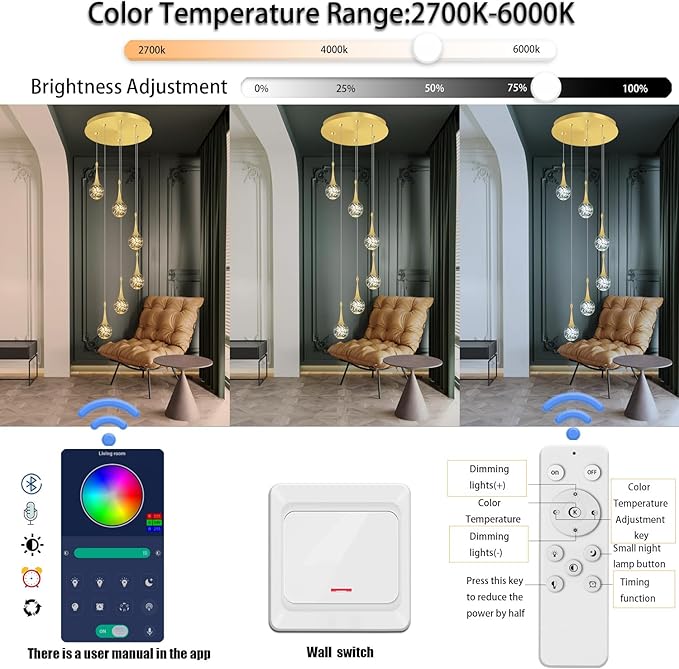 Flashing God 6-Lights Gold Chandeliers Crystal Bubble Teardrop Chandelier 70'' High Ceiling Foyer Entrance Chandeliers Creative Bar Ceiling Light Dimmable 2700K 4500K 6000K