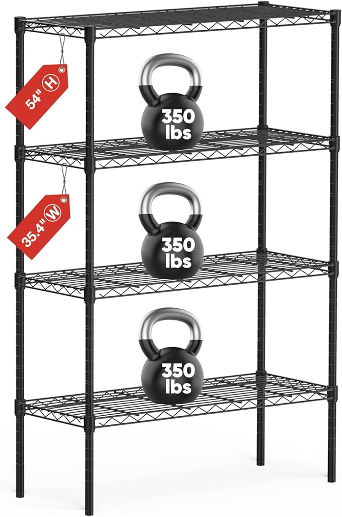 Sweetcrispy 4-Shelf Storage Shelving Unit, Adjustable Metal Wire Racks Heavy Duty Standing Shelf Organizer for Kitchen, Closet, Pantry, Garage, Bathroom, Laundry (13.8" D x 35.4" W x 54" H)