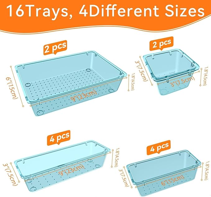 WOWBOX 16 PCS Plastic Drawer Organizer Set, 4 Sizes Desk Drawer Organization and Storage Containers for Makeup, Cosmetics, Jewelry and Gadgets in Kitchen, Bathroom, Bedroom, Office, Clear Sea Blue