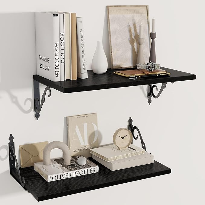 Deep Floating Shelves, 24" W x 12" D Wall Shelves Set of 2, Wide Display Shelf Wall Mounted with Brackets, Bookshelf for Living Room, Bathroom, Bedroom, Black