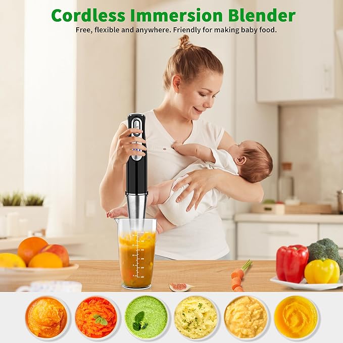 Cordless Immersion Blender Handheld, Rechargeable 4 In 1 Electric Hand Blender Stick Blender Variable Speed with Chopper, Beaker, Whisk, Stainless Steel Blade for Soup, Baby Food, Smoothies