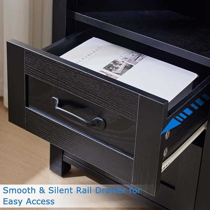 Farmhouse Nightstand with Charging Station & Drawers, Black Wood Bedside Table, End Table with 2 Storage Drawers & USB Ports for Bedroom, Dorm，Black