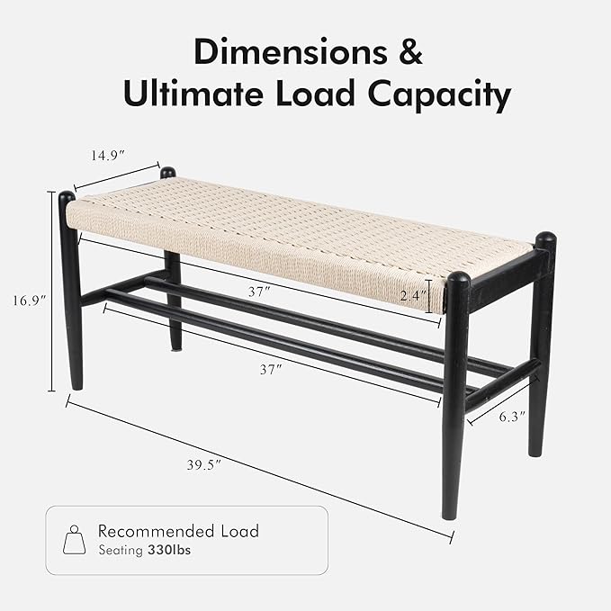 Solid Wood Entryway Bench with Shoe Storage, Rustic Oak Wood and Woven Design 39.4 Inch Long Seating for Living and Dining Rooms,Black