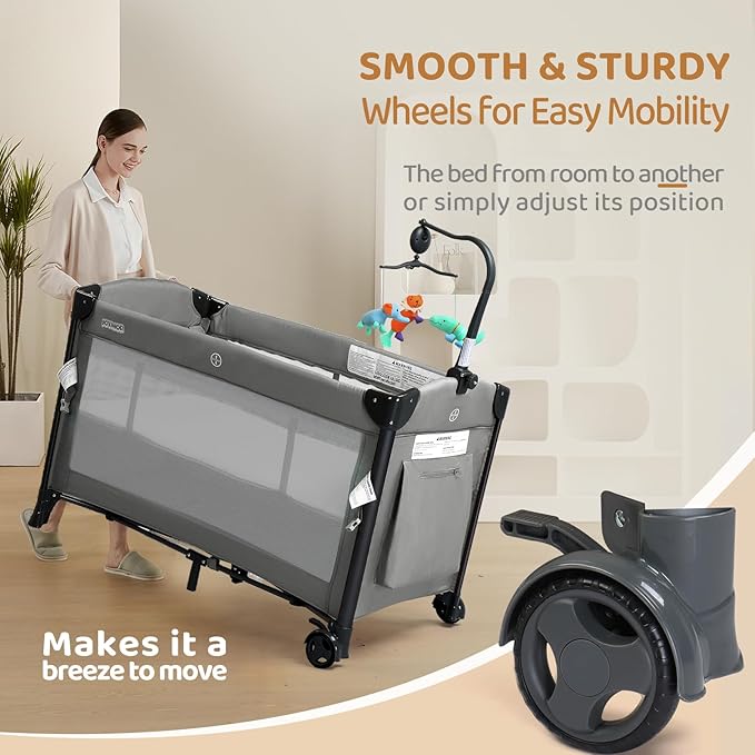 JOYMOR Baby Bassinet, Pack and Play with Bassinet and Carry Bag, Convert to Bedside Sleeper with Toy, Wheels for Boys Girls (Gray)