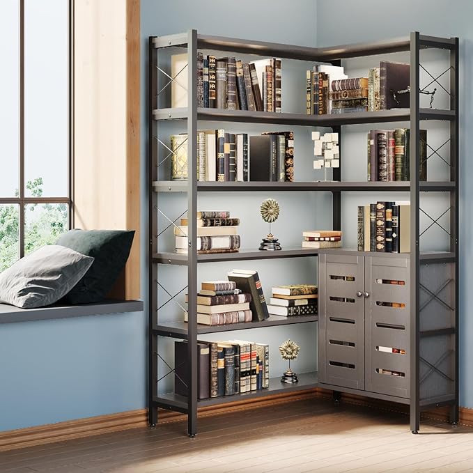 Corner Bookshelves and Bookcases Industrial Corner Etagere Bookcase L Shaped Shelf 6 Tiers with Metal Frame for Living Room Home Office