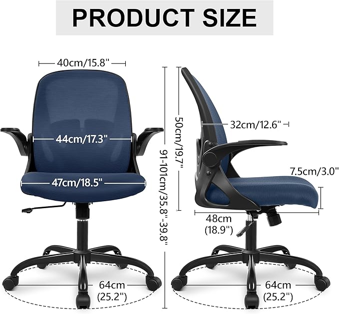 Primy Office Chair Ergonomic Desk Chair with Flip up Armrests Swivel Breathable Desk Mesh Computer Chair with Adjustable Lumbar Support and Height for Conference Room (Navy)