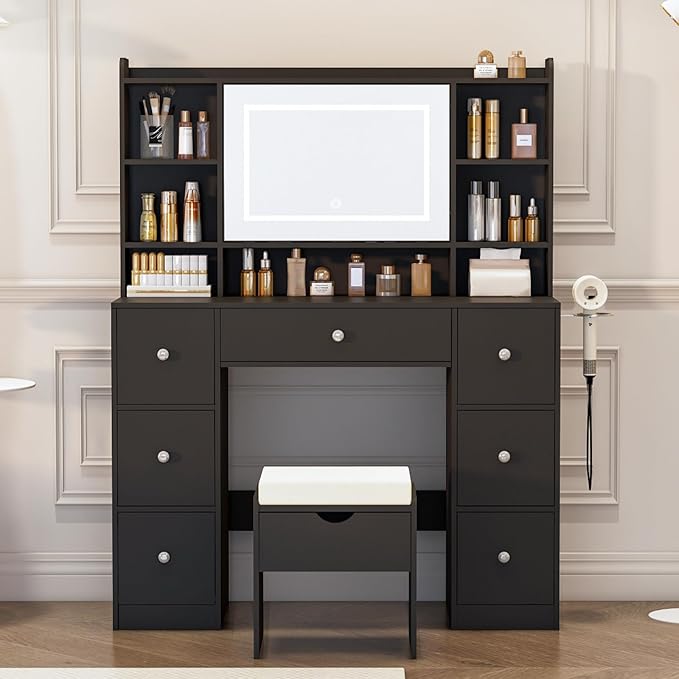 Vanity Desk with Mirror & LED Lights, Built-in Power Outlet, Dimmable LED Lighting, 7 Drawers & 7 Storage Compartments, Includes Padded Stool – Ideal Table for Bedroom Dressing Room (Black)