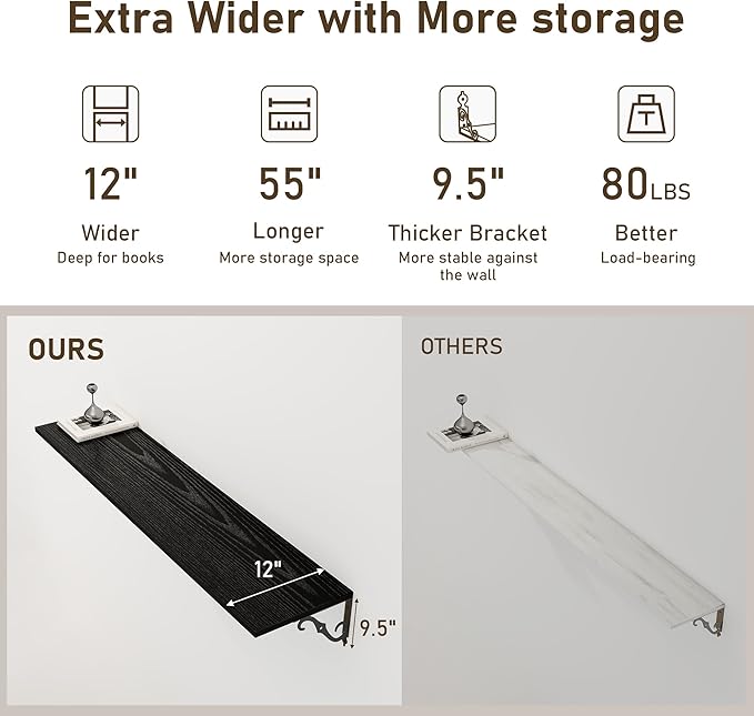 Deep Floating Shelves, 55" W x 12" D Wall Shelves Set of 2, Wide Display Shelf Wall Mounted with Brackets, Bookshelf for Living Room, Bathroom, Bedroom, Black