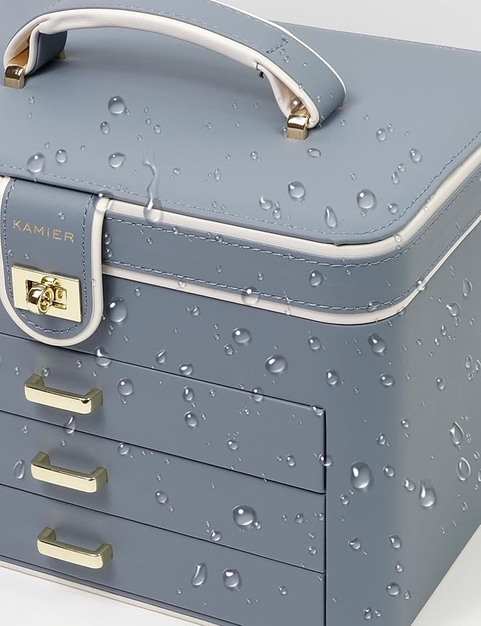 KAMIER Jewelry Boxes for Women, 4 Layer Jewelry Organizer with Mirror, 3 Drawers, Large Jewelry Box for Bracelets, Earrings, Rings, Necklaces, Mothers Day Gifts for Loved One, Bluish Grey