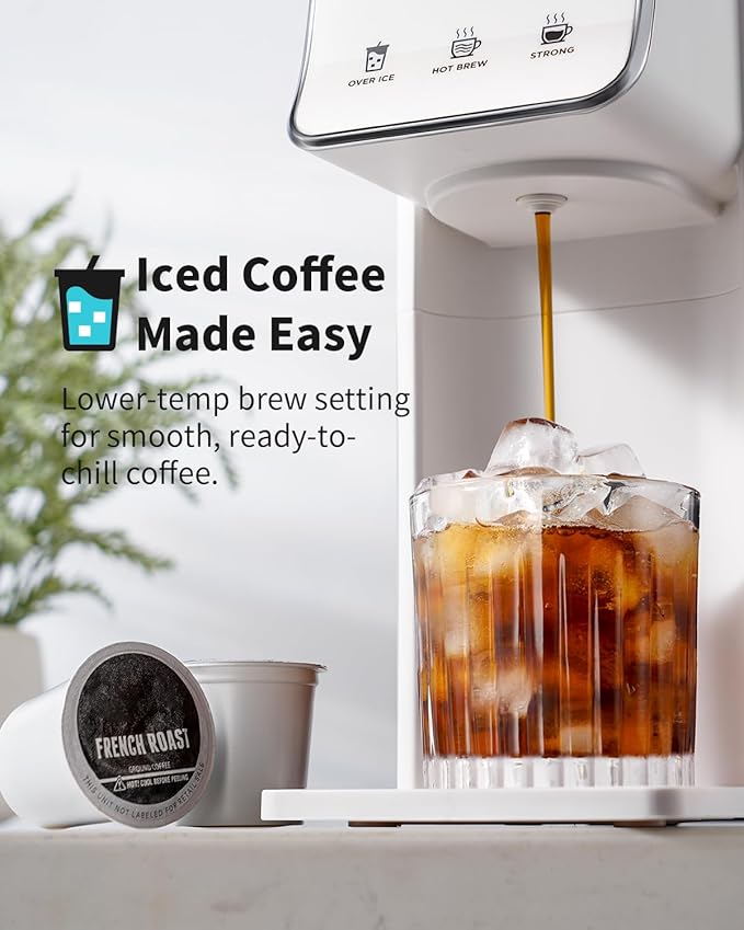 Hot & Iced Coffee Maker for K-Cups & Ground Coffee, Single-Serve Brewer with Bold Setting, Reusable Filter, Travel Mug Friendly, Compact & Quick Brew, White