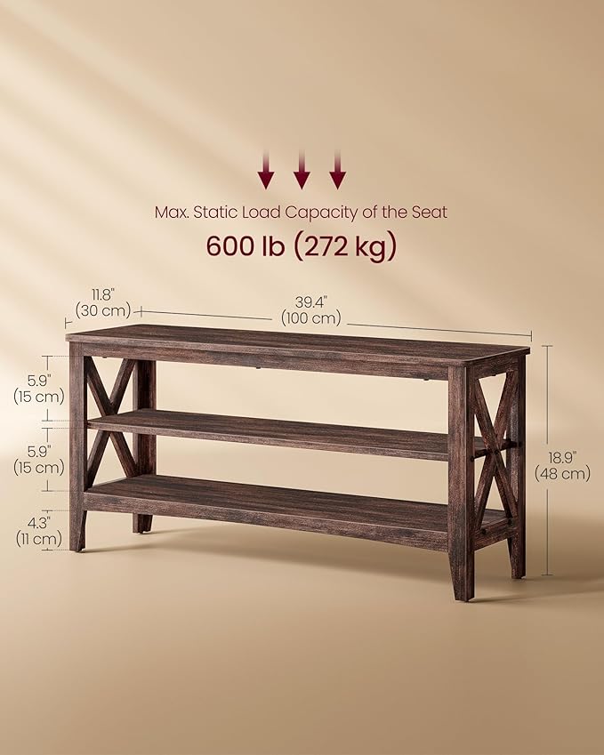 VASAGLE, Entryway Storage Bench, 2-Tier Shoe Rack, 11.8 x 39.4 x 18.9 Inches, Holds up to 600 lb, Farmhouse Style, for Living Room, Bedroom, Maroon Brown ULSB153K51