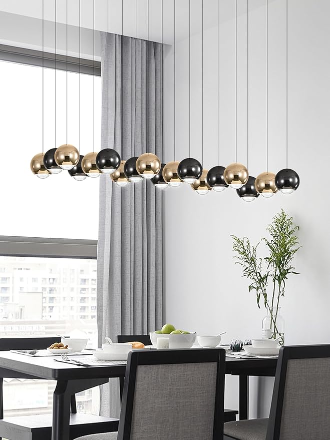 Rectangular Chandelier Crystal Balls Chandeliers Flush Mount Ceiling Light for Dining Room Living Room High Ceiling Chandelier for Staircase Foyer Entryway Black and Gold Chandeliers 2700k-6000k