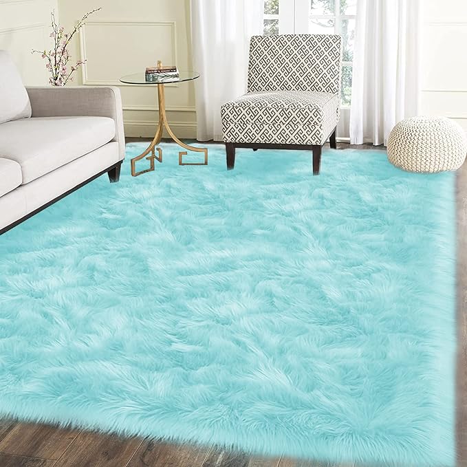 Latepis Light Blue Rugs for Living Room 6x8 Faux Sheepskin Fur Rug Washable Fluffy Rugs Shag Fuzzy Rug for Bedroom Entertainment Room Home Decor