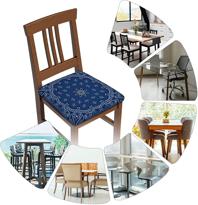 Seat Covers for Dining Room Chairsset of Set of 4, Blue Paisley Scarf Black Classic Abstract Artistic Stretch Chair Seat Covers Cushion Slipcovers for Kitchen Office