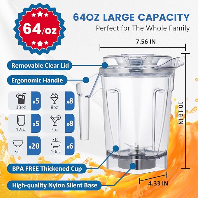 Compatible with vitamix Ascent 64oz Container, Replace Venturist V1200 A3500 A3300 A2500 A2300 X2 X3 X4 X5 VM0185 VM0185A VM0185B Self Detect Containers, 64oz. Low-Profile Container Jar Cup