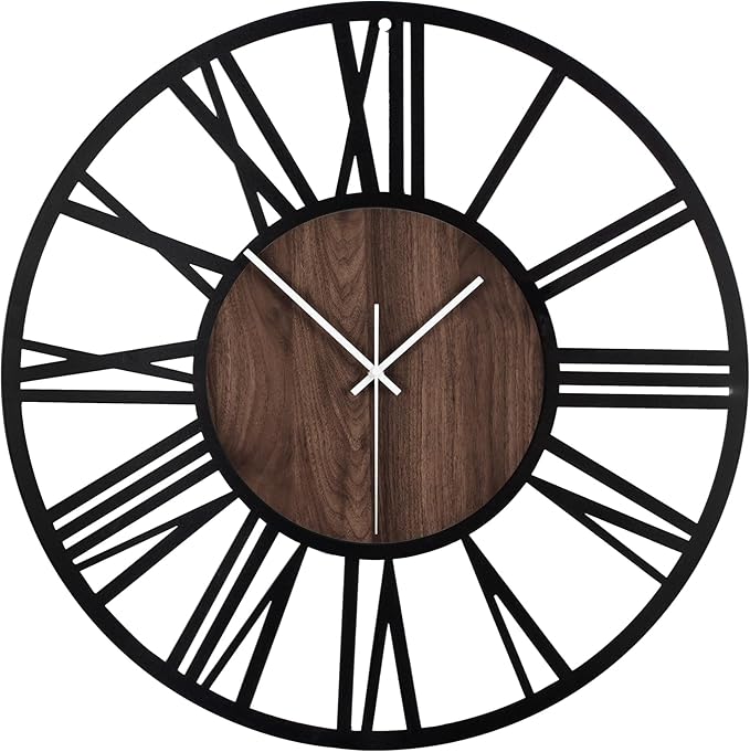 LEIKE Large Wall Clocks,Silent,Non Ticking,Battery Operated Big Retro Round Modern Wood Wall Clock for Living Room, Bedroom,Dinning Room,Farmhouse,Office,Home Decor-20 Inch(Black-Roman Numerals)
