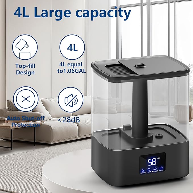 4L Top Fill Humidifiers for Bedroom & 60H Runtime - Cool Mist Humidifier, 3 Mist Levels, 8H Timer, Essential Oil Tray, Humidity Display, Quiet for Bedroom, Baby, Plants, Large Room