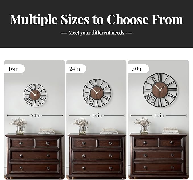 30" Extra Large Wall Clock, Modern Battery Operated Silent Non Ticking 30 inch Decorative Wood Metal Wall Clock, Black Round Big Clocks for Living Room, Bedroom, Kitchen, Office Decor-Roman Numerals