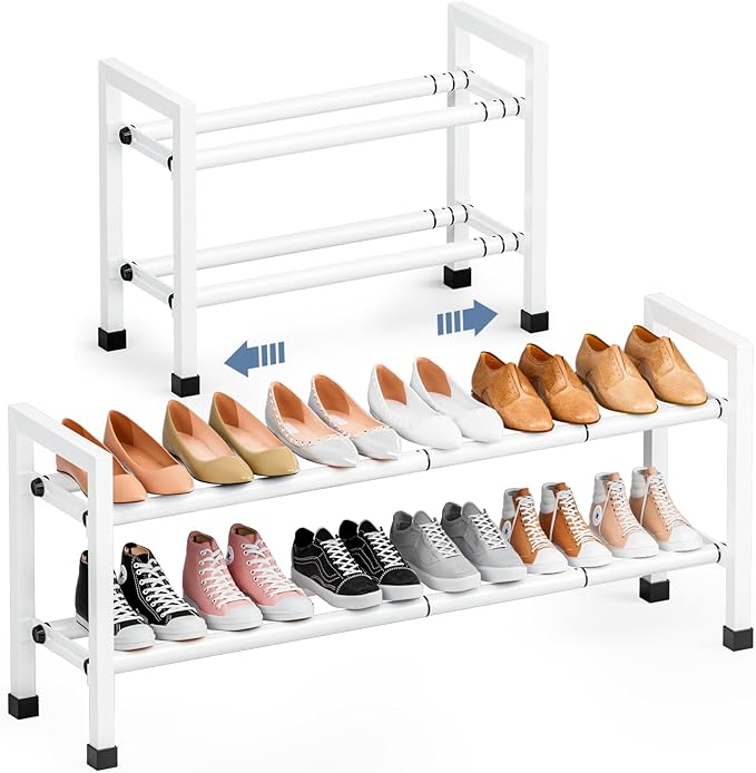 Mavivegue Expandable Shoe Rack, 2-Tier 19"-43.3" Adjustable Shoe Rack for Closet,Hall Entryway,Front Door,Garage, Sturdy Steel Space-Saving Rack, White