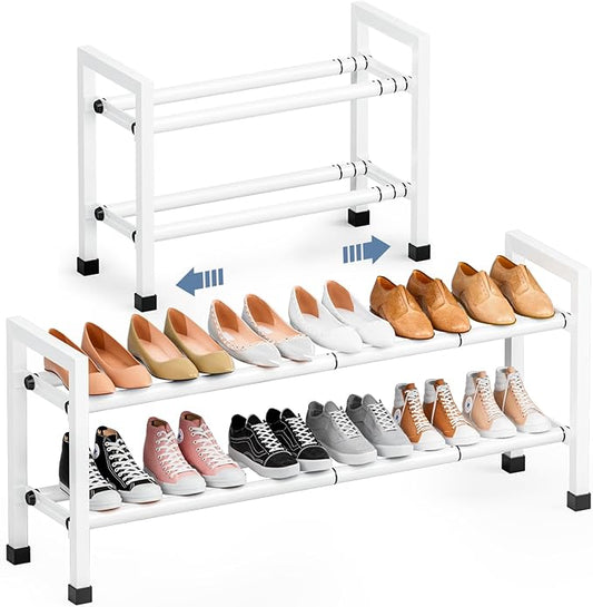 Mavivegue Expandable Shoe Rack, 2-Tier 19"-43.3" Adjustable Shoe Rack for Closet,Hall Entryway,Front Door,Garage, Sturdy Steel Space-Saving Rack, White