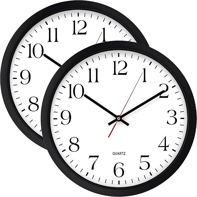 Bernhard Products Black Wall Clock 2 Pack, Silent Non Ticking - 16 Inch Extra Large Quality Quartz Battery Operated Round Easy to Read Home/Office/Business/Kitchen/Classroom/School Clocks