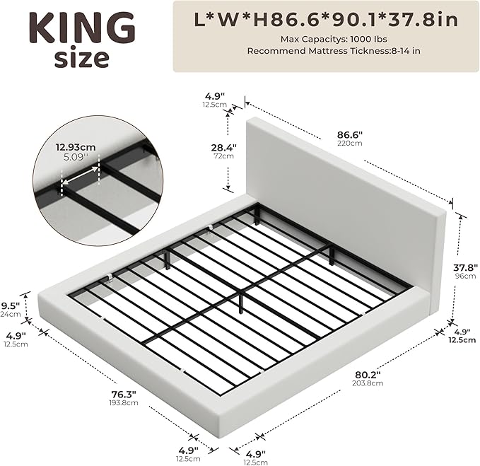 RECCI Cloud Upholstered King Bed Frame with Headboard, 5 Inch Foam Padded Platform, No Box Spring, Easy Assembly (Off-White)