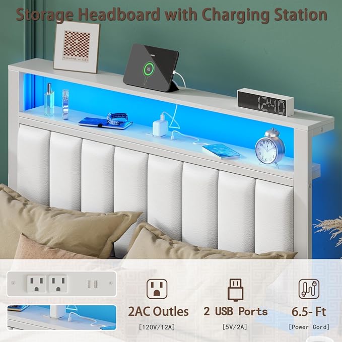 Furnulem Twin Size Bed Frame with Charging Station & LED Lights, Modern Platform Bed with 2-Tier Storage Shelves, White PU Leather Upholstered Headboard, No Box Spring Needed, Metal Slats Support