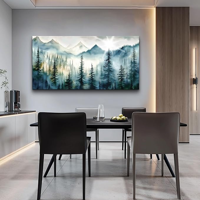 Lapremoly Framed Wall Art - Modern Fog Forest Landscape Canvas Prints for Living Room, Bedroom, Office - Ready to Hang - Blue Abstract Wall Decor