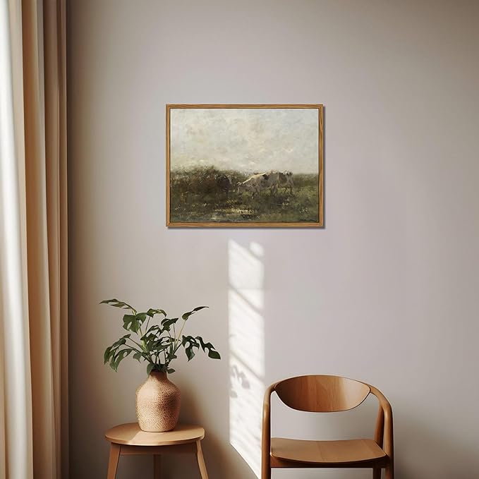 Floating Framed Landscape Canvas Wall Art, French Vintage Natural Country Cows Pictures Wall Decor Artwork, Farmhouse Oil Paintings Prints for Living Room Bedroom Home Decoration 12x16 inch