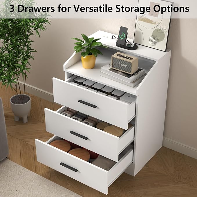 3 Drawers Dresser with Power Outlet, Chest of Drawers with LED Light, White Dresser Organizer with Open Storage Cubby, Modern Nightshatnd for Bedroom, Living Room, Entryway, Hallway