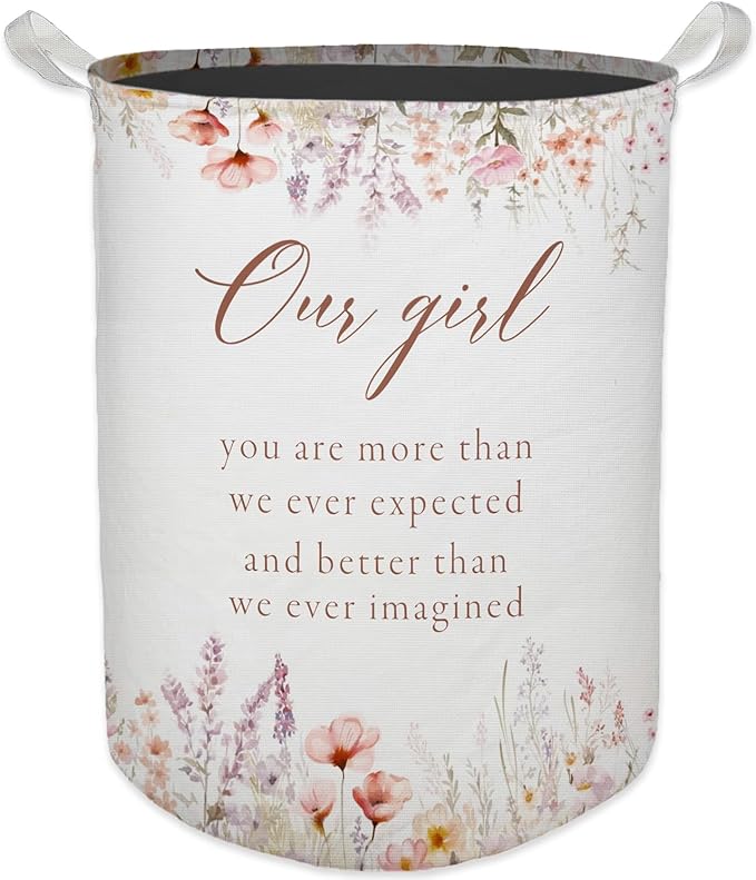 Baby Girl Laundry Basket, Boho Floral Wildflower Waterproof Collapsible Laundry Hamper Dirty Clothes Storage Toy Bin Organizer for Toddler Girls Room Nursery Bedroom Bathroom Kids Room