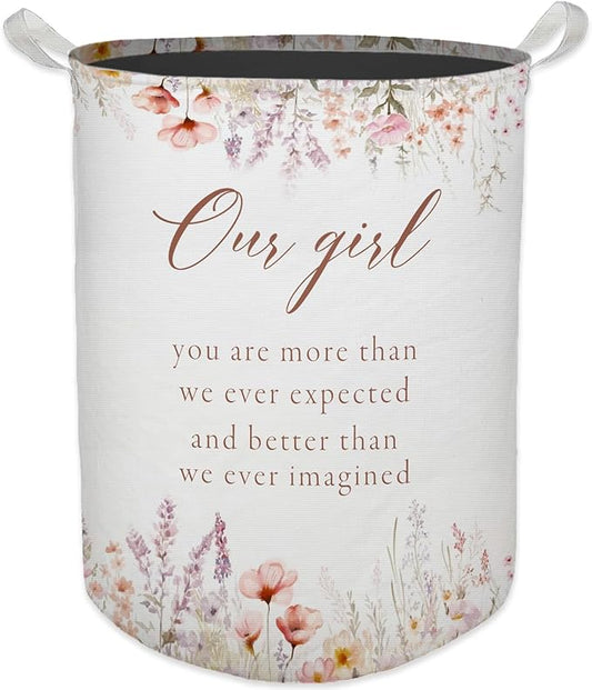 Baby Girl Laundry Basket, Boho Floral Wildflower Waterproof Collapsible Laundry Hamper Dirty Clothes Storage Toy Bin Organizer for Toddler Girls Room Nursery Bedroom Bathroom Kids Room